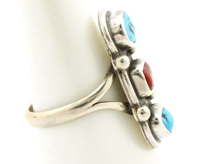 Navajo Ring 925 Silver Sleeping B Turquoise & Coral Native American Artist C.80s