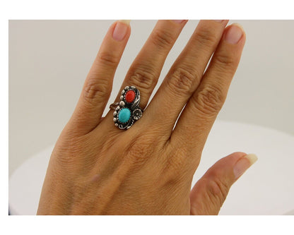 Navajo Ring 925 Silver Turquoise & Coral Native American Artist C.80's