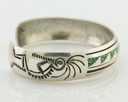 Navajo Inlay Bracelet 925 Silver Turquoise & Coral Signed Stanely Bain C.80's