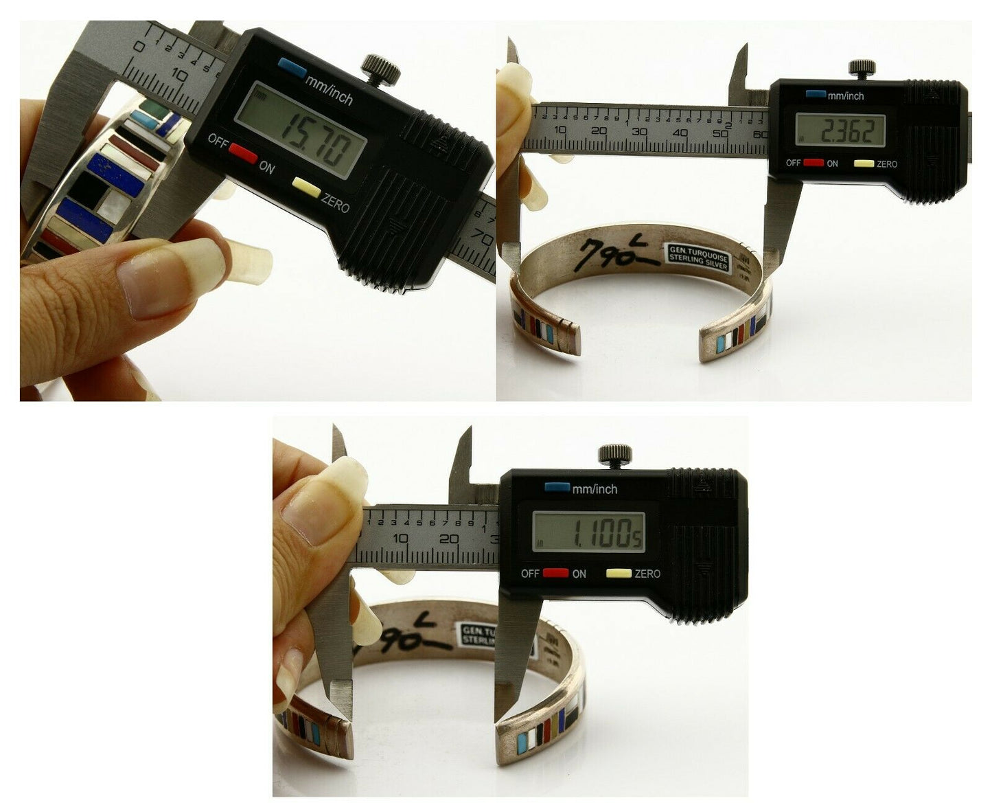 Early Artist David Freeland Inlaid Natural Gemstone .925 SOLID Silver Cuff