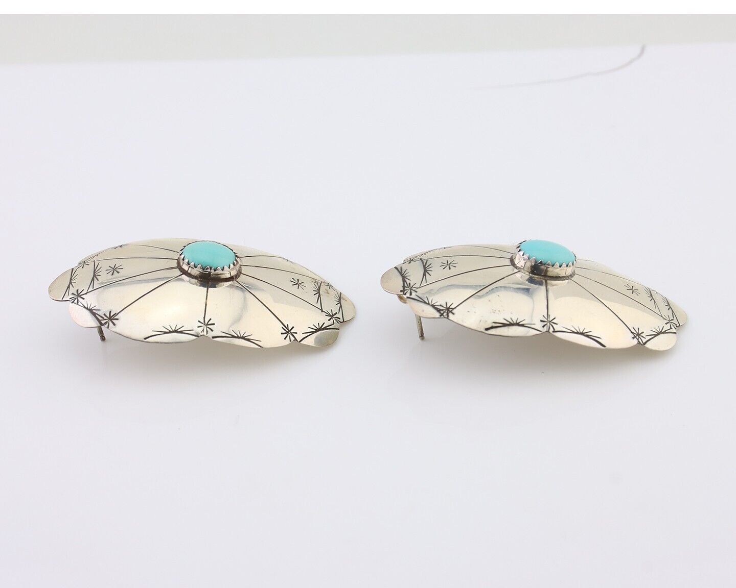 Navajo Hand Stamped Shield Earrings 925 Silver Turquoise Native Artist C.80's