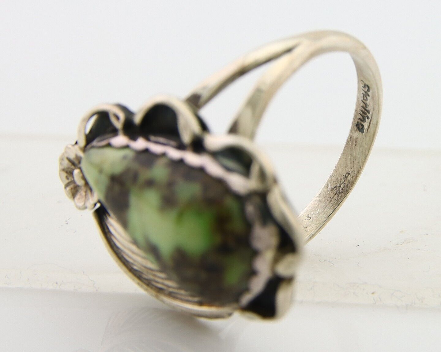 Navajo Ring 925 Sterling Silver Green Turquoise Native American Artist C.80s