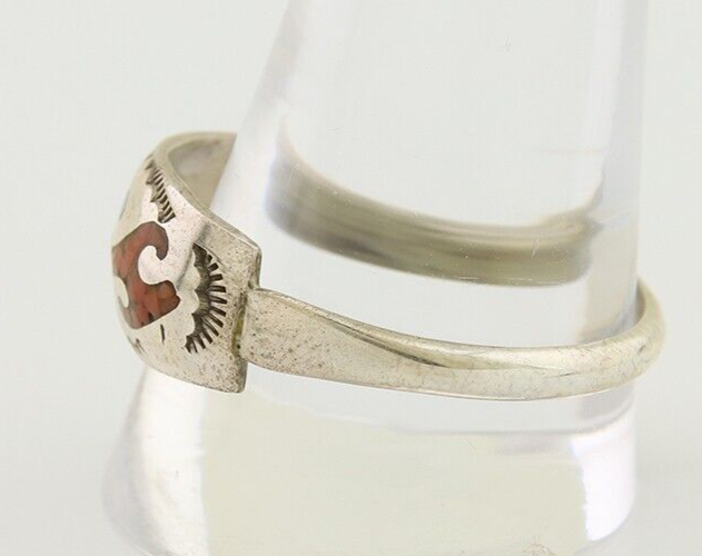 Men Navajo Wave Ring 925 Silver Coral & Turquoise Native Artist C.80's