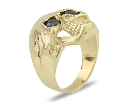 Men 14k SOLID Gold Skull Ring Black Glass Eyes Size 12