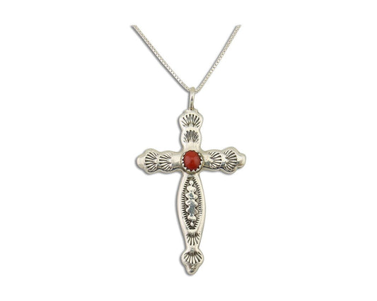 Navajo Cross Necklace 925 Silver Mediterranean Coral Native American Artist C80s