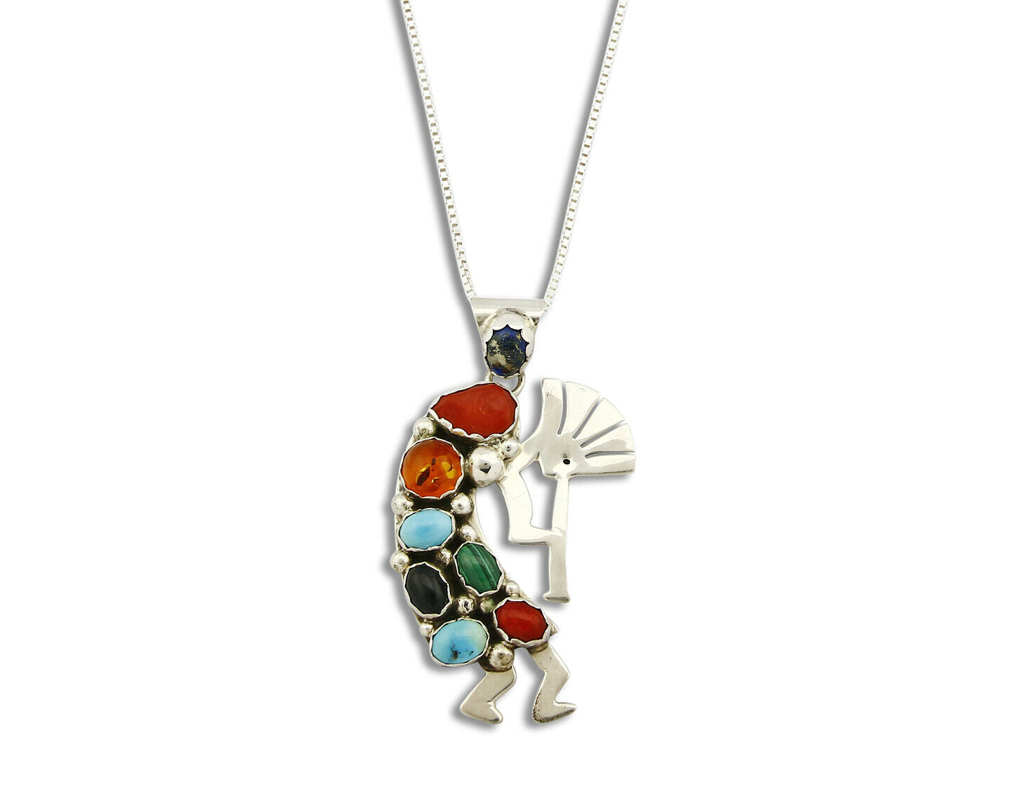 C.80-90's Navajo Signed Swirl .925 Silver Gemstone Kokopolli Necklace