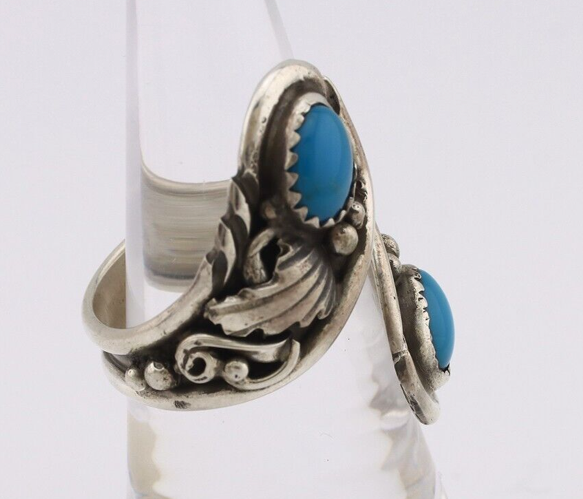 Navajo Ring 925 Silver Natural Blue Turquoise Artist Signed J C.80's