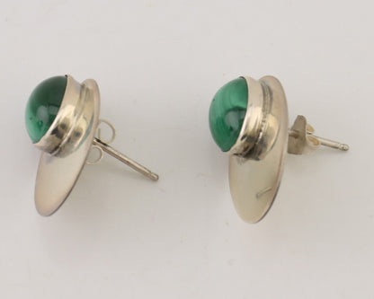 Navajo Shield Earrings 925 Silver Natural Malachite Signed Ella Peters C.80's