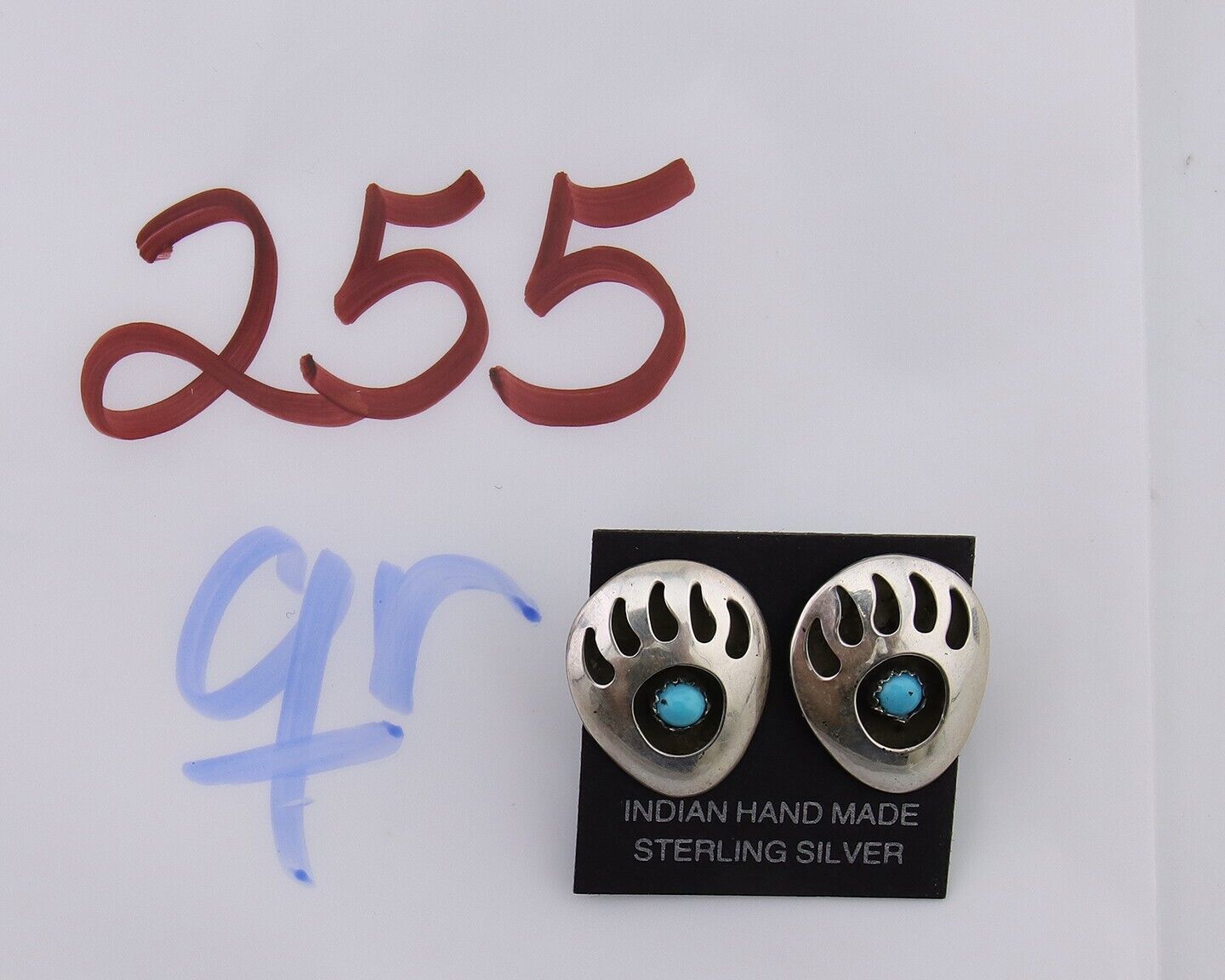 Navajo Paw Earrings 925 Silver Natural Turquoise Native American Artist C.80s