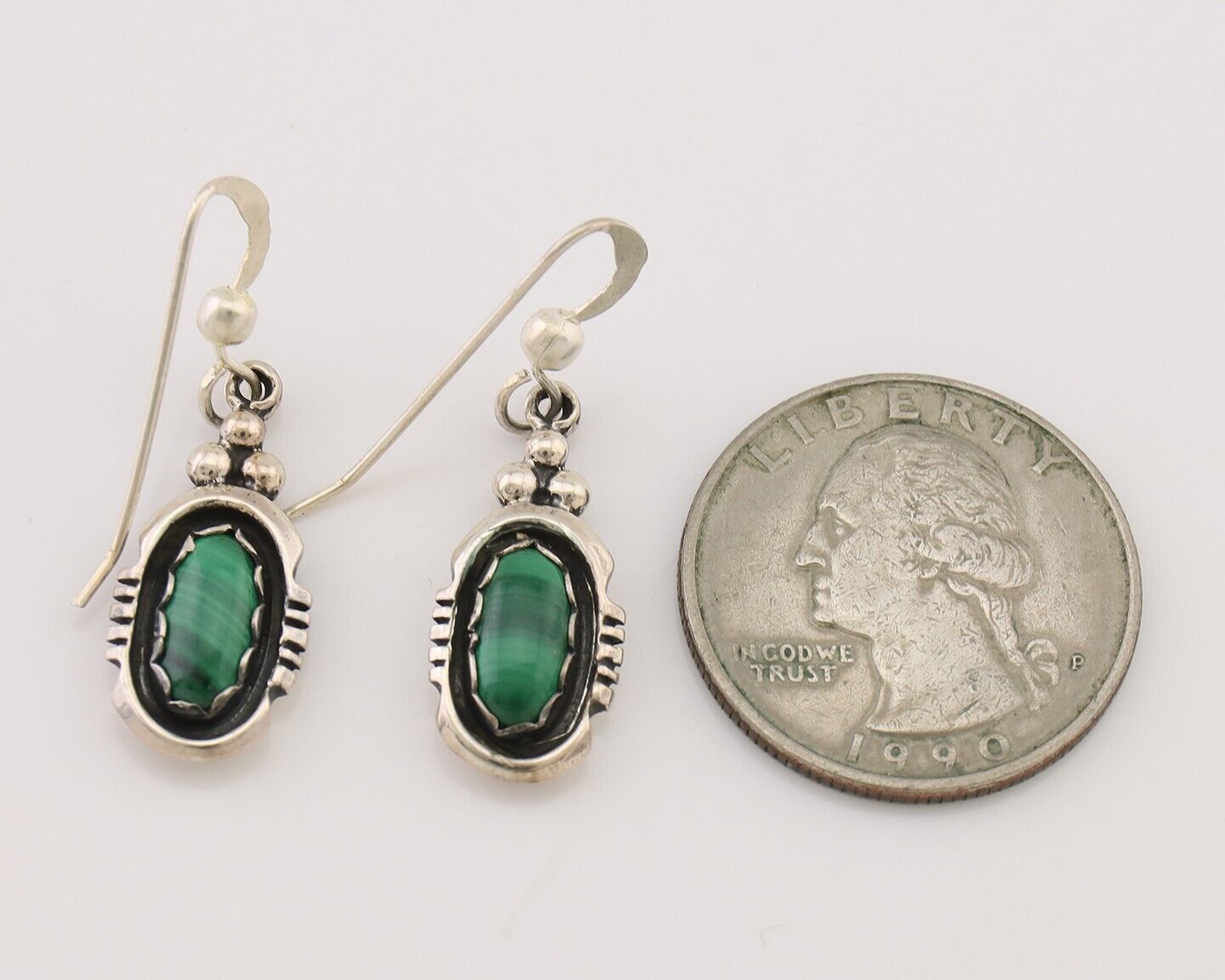 Navajo Dangle Earrings 925 Silver Natural Malachite Native American Artist C.80s