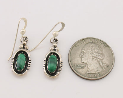 Navajo Dangle Earrings 925 Silver Natural Malachite Native American Artist C.80s