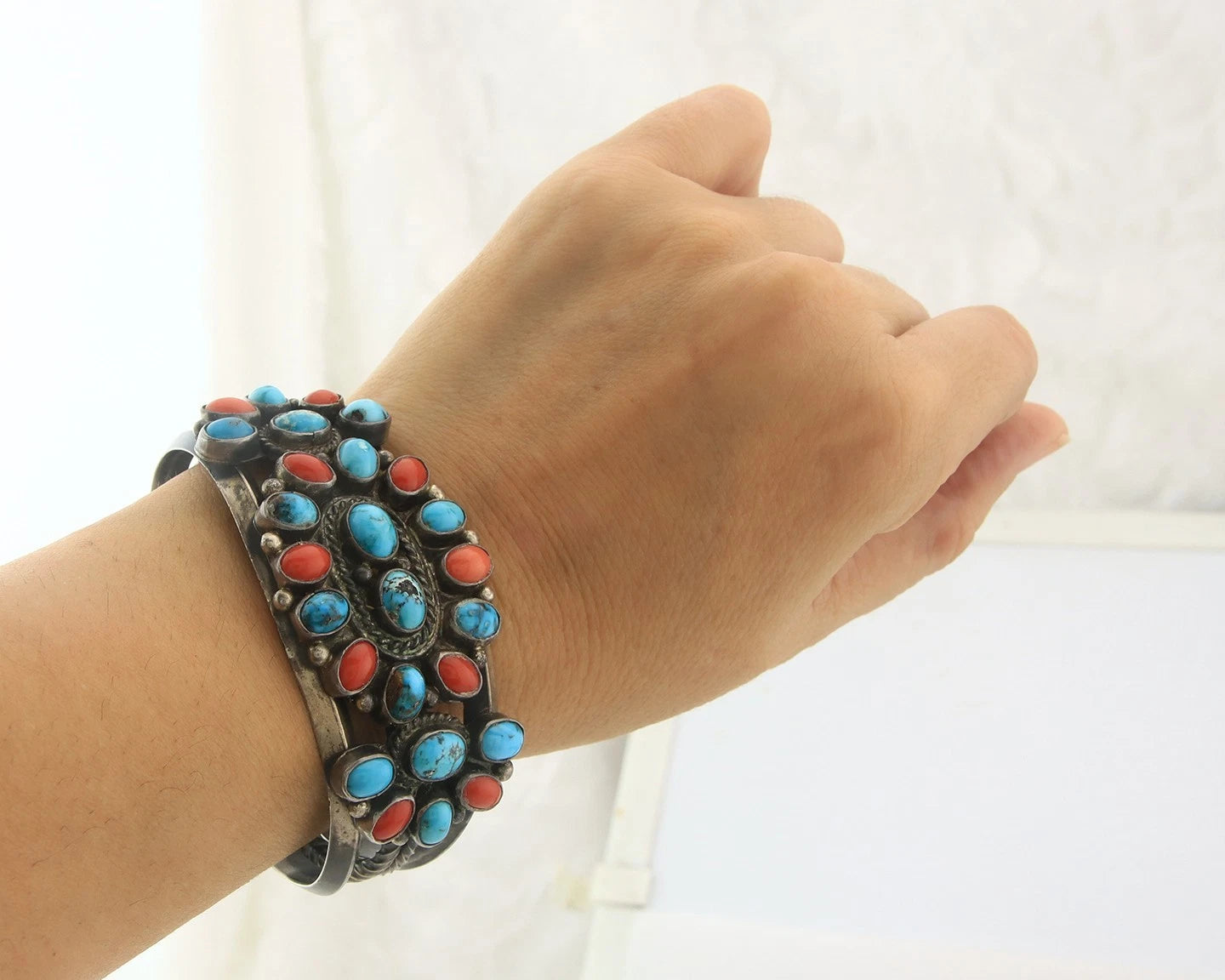 Navajo Cuff Bracelet Sterling Silver Natural Gemstone Vintage Handmade