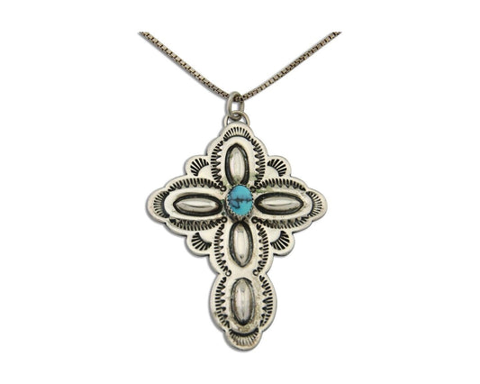 Navajo Cross Hand Stamped Necklace 925 Silver Turquoise Artist JRS C.80's