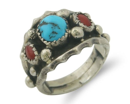 Men Navajo Ring 925 Sterling Natural Coral & Turquoise Signed C C.80's Size 8.0