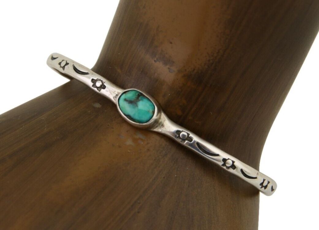 Navajo Hand Stamped Cuff Bracelet Turquoise 925 Silver Native American Artist