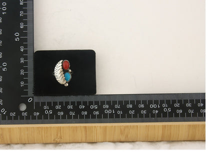 Navajo Ring 925 Sterling Natural Coral & Turquoise Signed BB C.80's Size 6.0