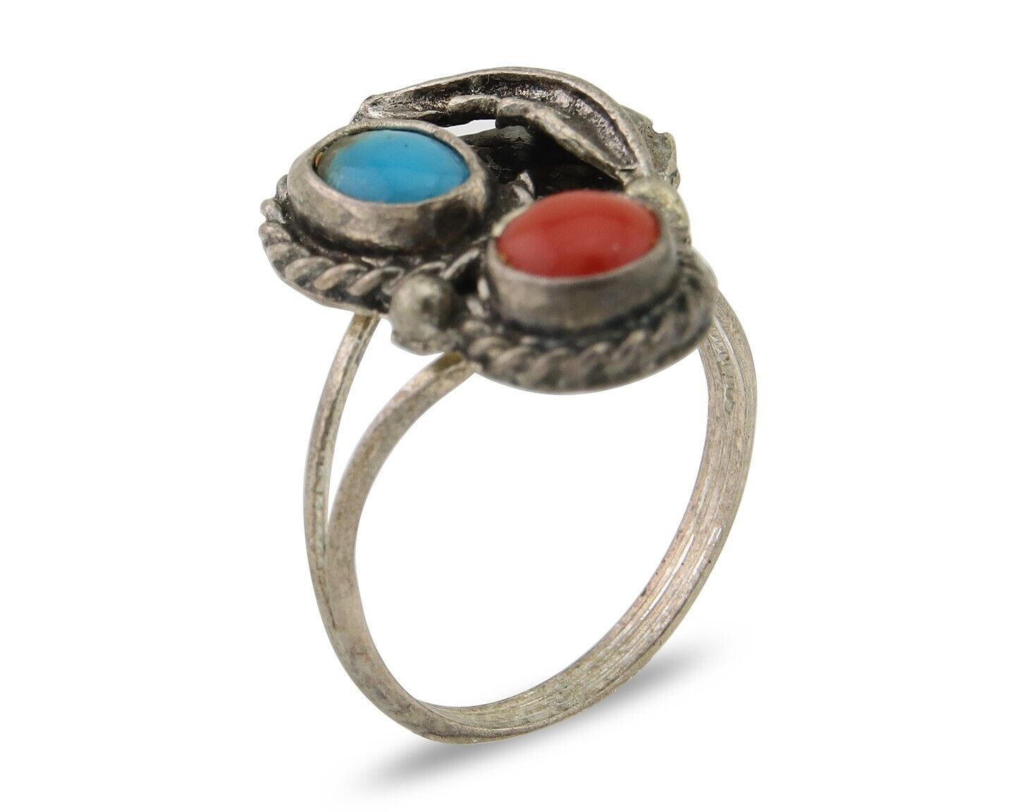 Navajo Handmade Ring 925 Silver Coral & Turquoise Native Artist C.80's