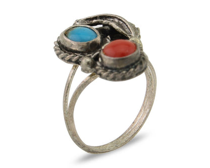 Navajo Handmade Ring 925 Silver Coral & Turquoise Native Artist C.80's