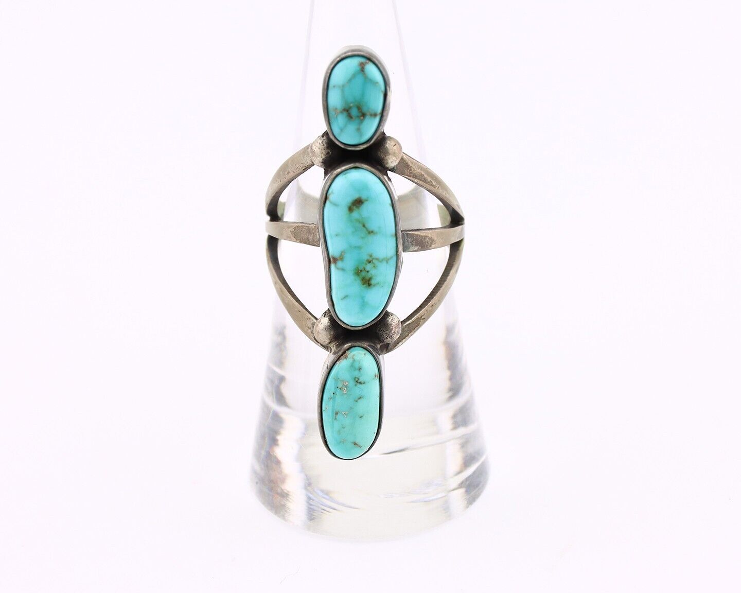 Navajo 3 Stone Ring 925 Silver Morenci Turquoise Native American Artist C.80's