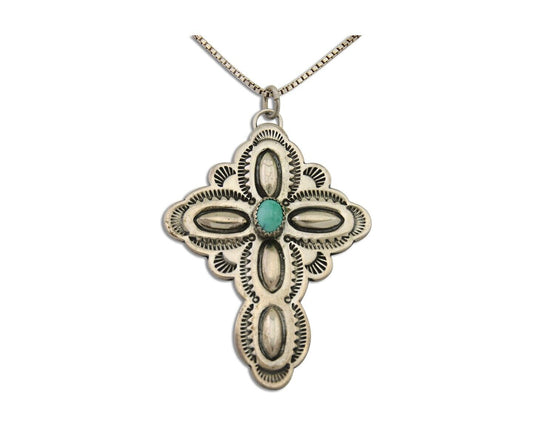 Navajo Cross Hand Stamped Necklace 925 Silver Turquoise Artist JRS C.80's
