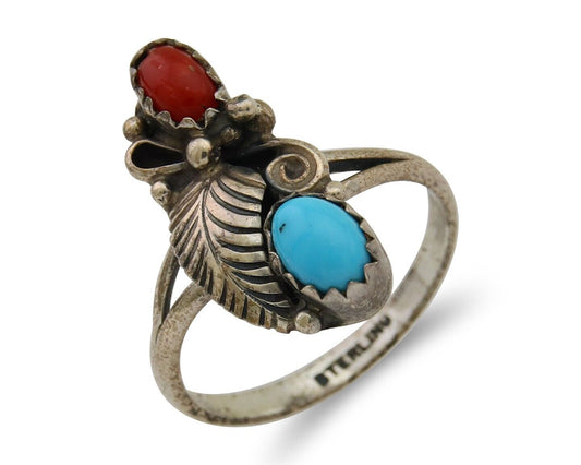 Navajo Handmade Ring 925 Silver Turquoise & Coral Native Artist C.80's