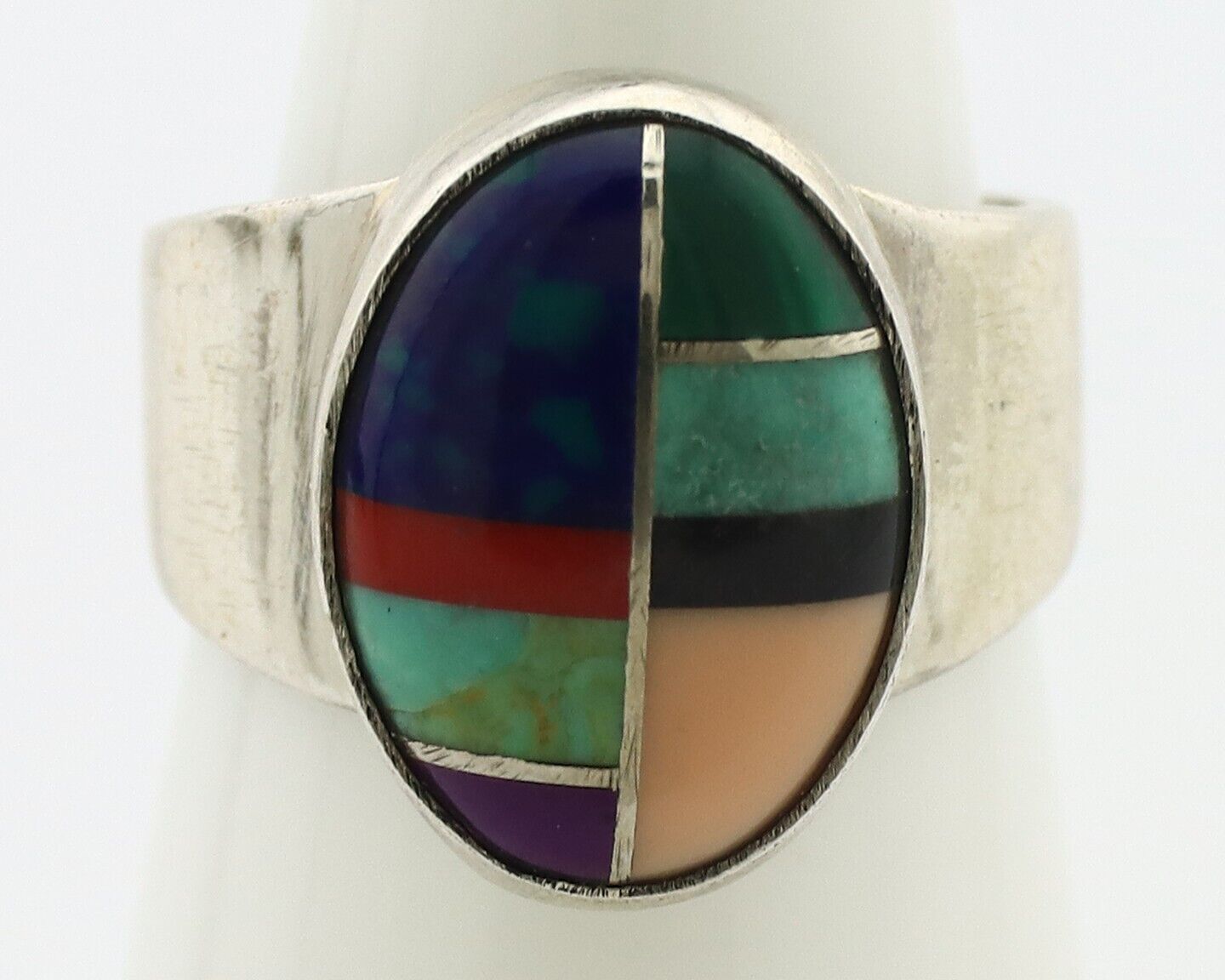 Zuni Inlaid Ring 925 Silver Mixed Natural Gemstones Native American Artist C.80s