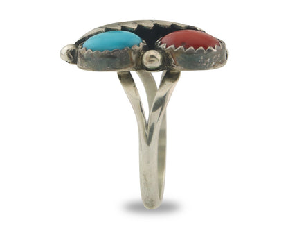 Navajo Ring 925 Sterling Natural Coral & Turquoise Signed BB C.80's Size 7.25