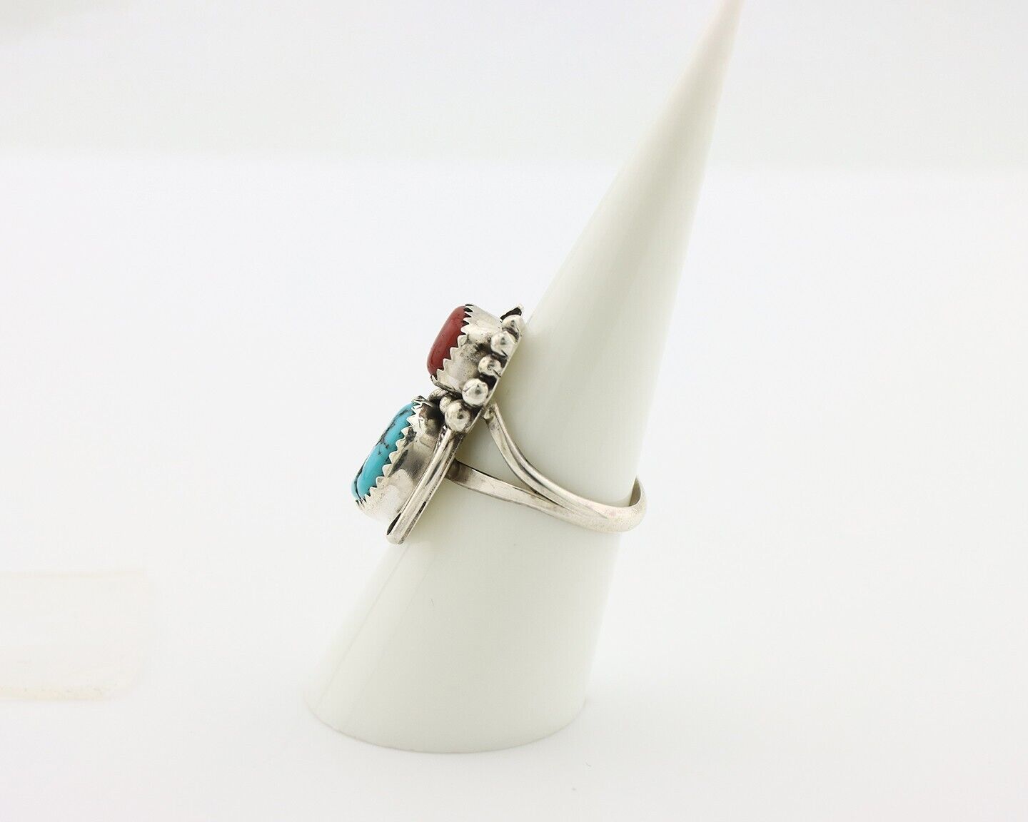 Navajo Ring .925 Silver Turquoise & Coral Artist Signed Justin Morris C.80's