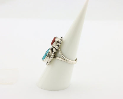 Navajo Ring .925 Silver Turquoise & Coral Artist Signed Justin Morris C.80's