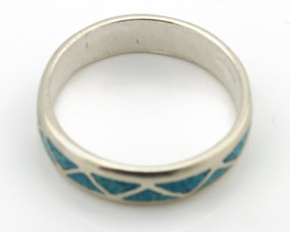 Navajo Chip Inlay Ring 925 Silver Sleeping Beauty Turquoise Artist Silver Cloud