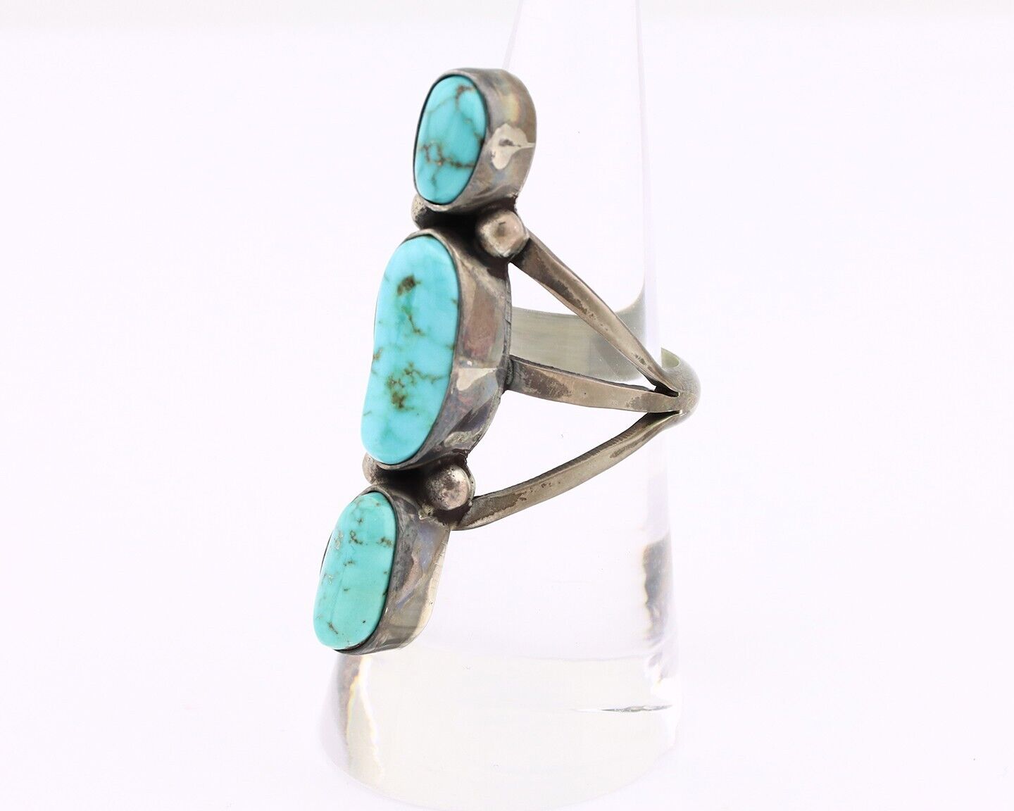 Navajo 3 Stone Ring 925 Silver Morenci Turquoise Native American Artist C.80's