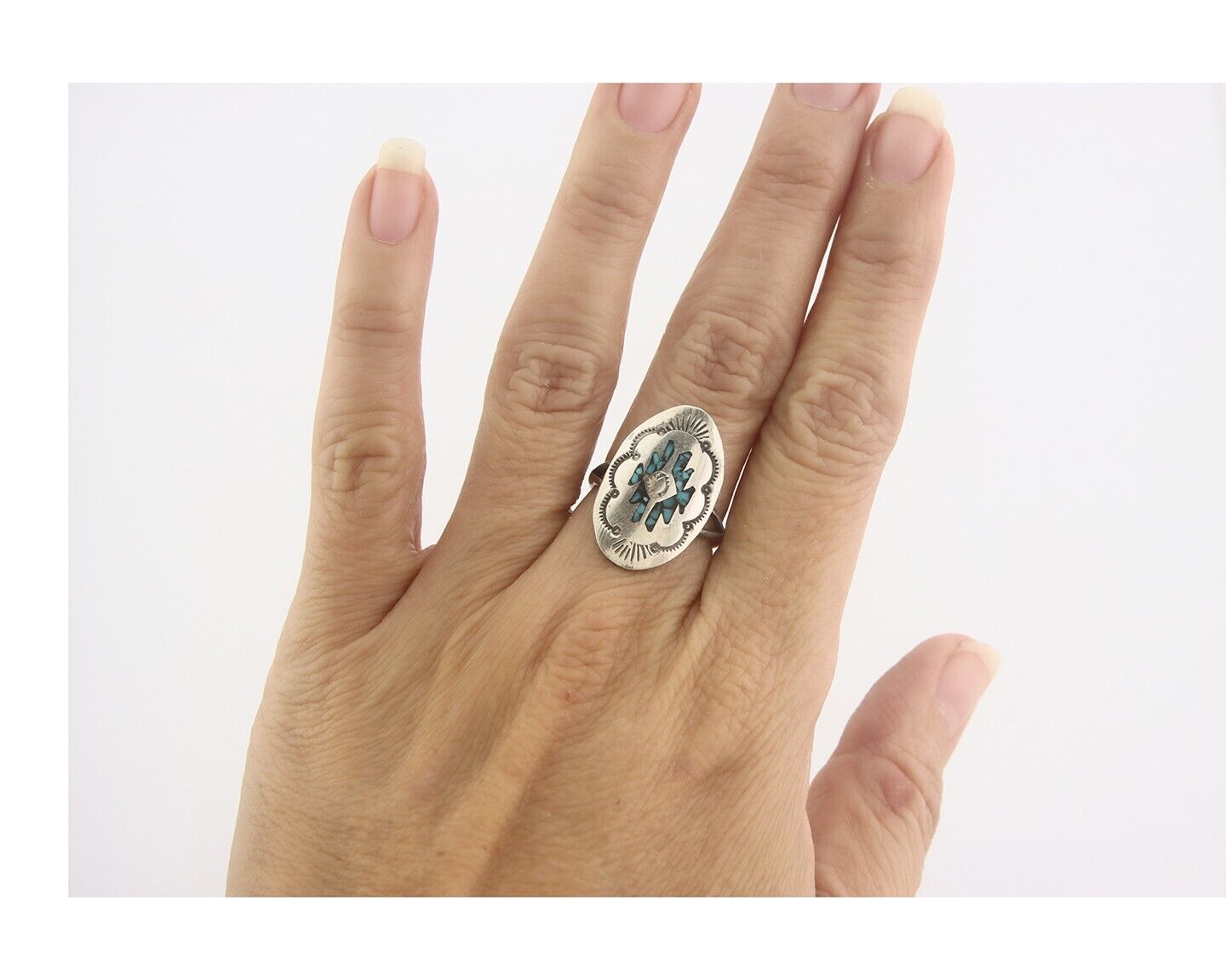 Navajo Ring 925 Sterling Natural Chip Inlay Turquoise C.80's Size 6.0