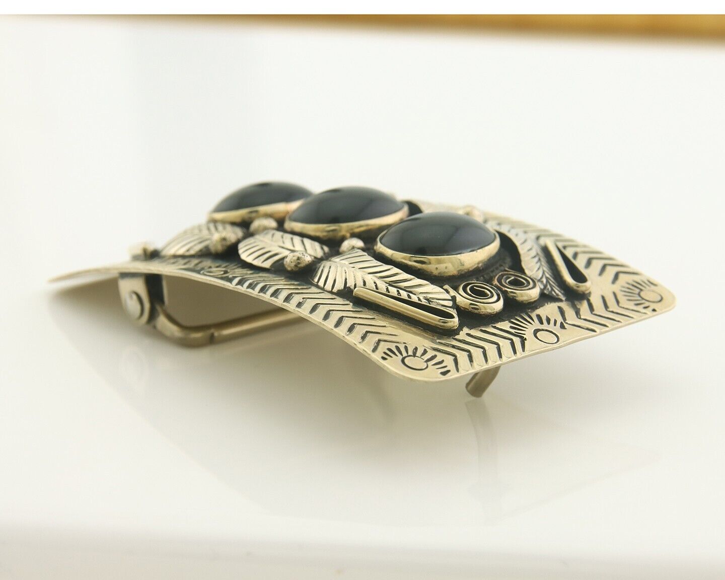 Navajo Concho Belt Buckle .999 Nickel Onyx Native American Artist 2x3 in C.80's