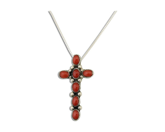 Navajo Cross Necklace 925 Silver Mediterranean Coral Native American Artist C80s