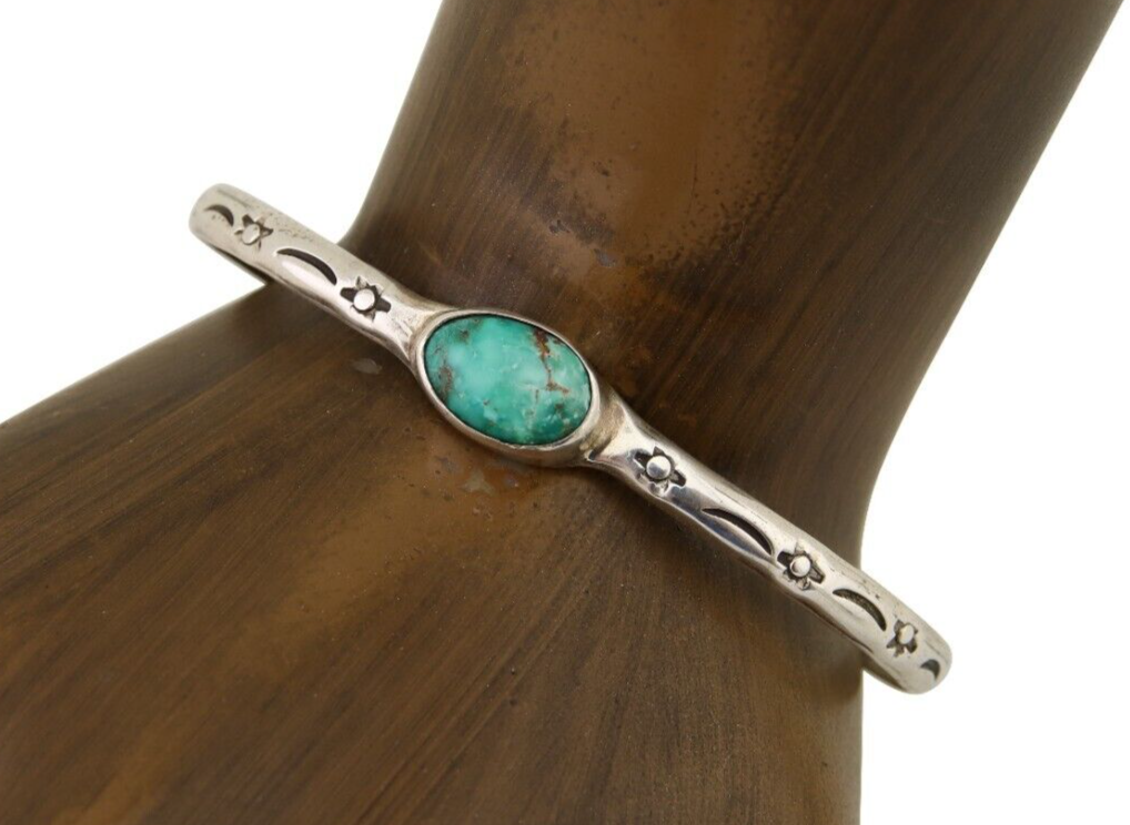 Navajo Hand Stamped Cuff Bracelet Turquoise 925 Silver Native American Artist