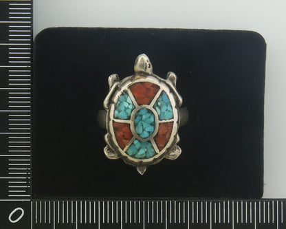 Navajo Ring 925 Silver Inlaid Turtle Turquoise & Coral C.80's Size 8.25
