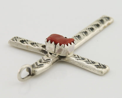 Navajo Cross Pendant 925 Silver Mediterranean Coral Signed Arthur Williams C.80s