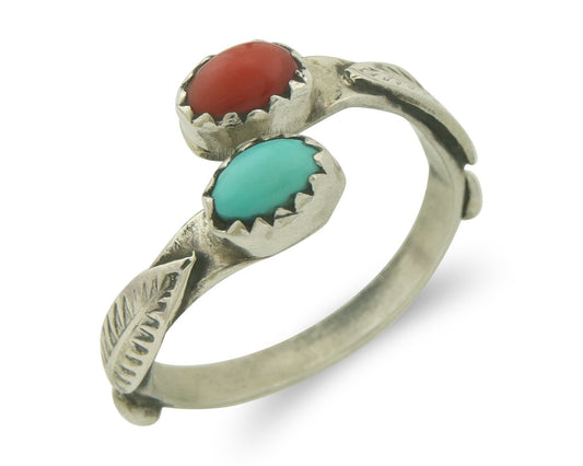 Vintage Navajo Band 925 Sterling Turquoise & Coral Native Artist Size Size 7.5