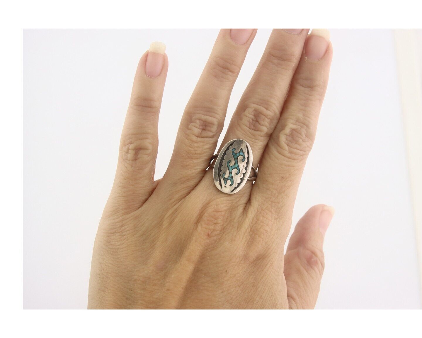 Navajo Ring 925 Sterling Natural Chip Inlay Turquoise C.80's Size 7.0