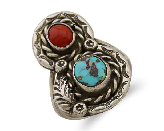 Navajo Ring 925 Silver Turquoise & Coral Native American Artist C.80's