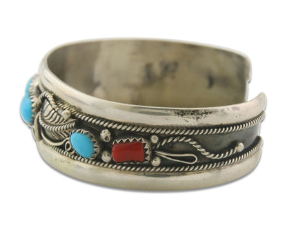Navajo Bracelet 925 Silver Coral & Turquoise Cuff Signed E C.80's