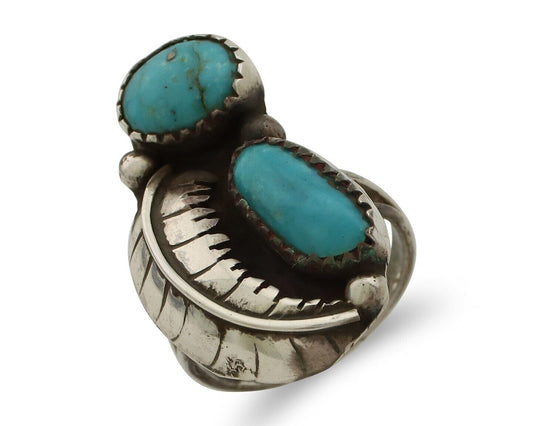 Navajo 2 Stone Ring 925 Silver Kingman Turquoise Native American Artist C.80's
