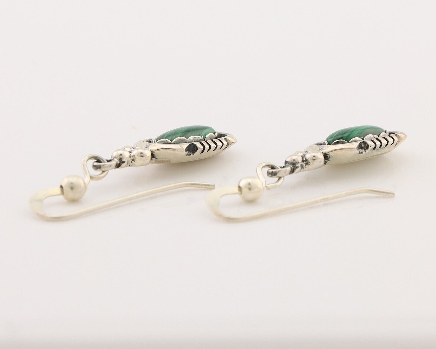 Navajo Dangle Earrings 925 Silver Natural Malachite Native American Artist C.80s