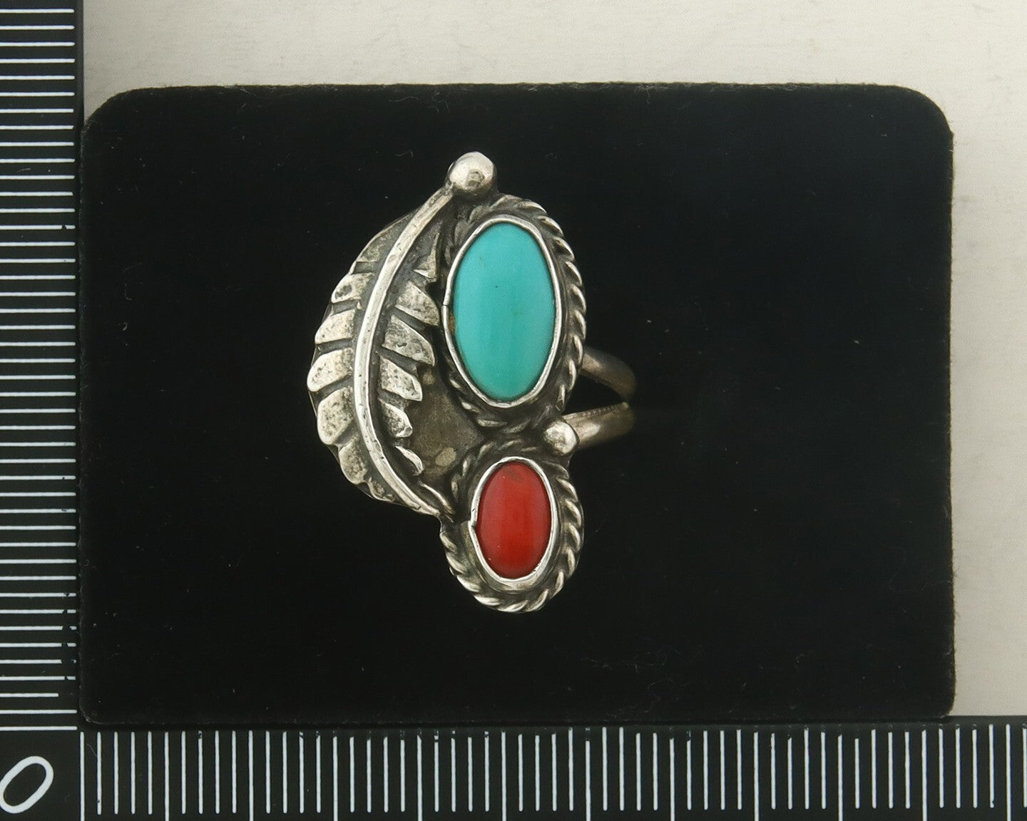 Navajo Ring 925 Sterling Natural Coral & Turquoise Signed EH C.80's Size 6.0