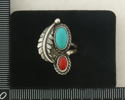 Navajo Ring 925 Sterling Natural Coral & Turquoise Signed EH C.80's Size 6.0