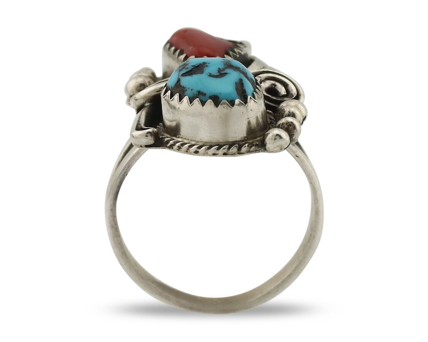 Navajo Ring .925 Silver Turquoise & Coral Artist Signed Justin Morris C.80's
