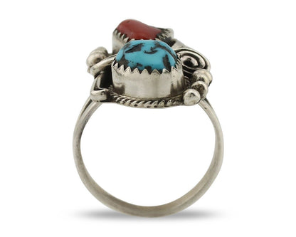 Navajo Ring .925 Silver Turquoise & Coral Artist Signed Justin Morris C.80's