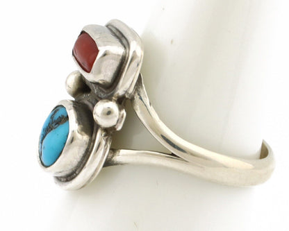 Navajo Ring 925 Silver SB Turquoise & Red Coral Native American Artist C.80s