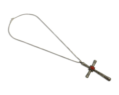 Navajo Cross Pendant 925 Silver Natural Coral Artist Signed De Chelly C.80's