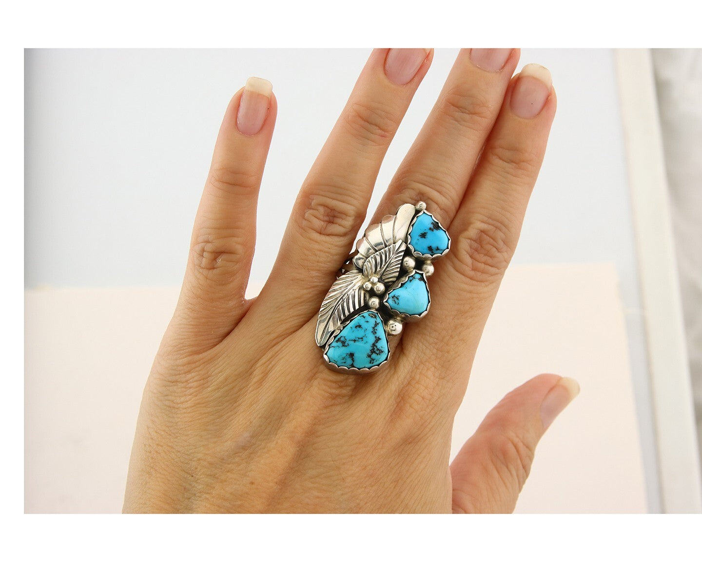 Navajo Ring 925 Sterling Natural Mined Turquoise Signed Arrow C.80's Size 8.25